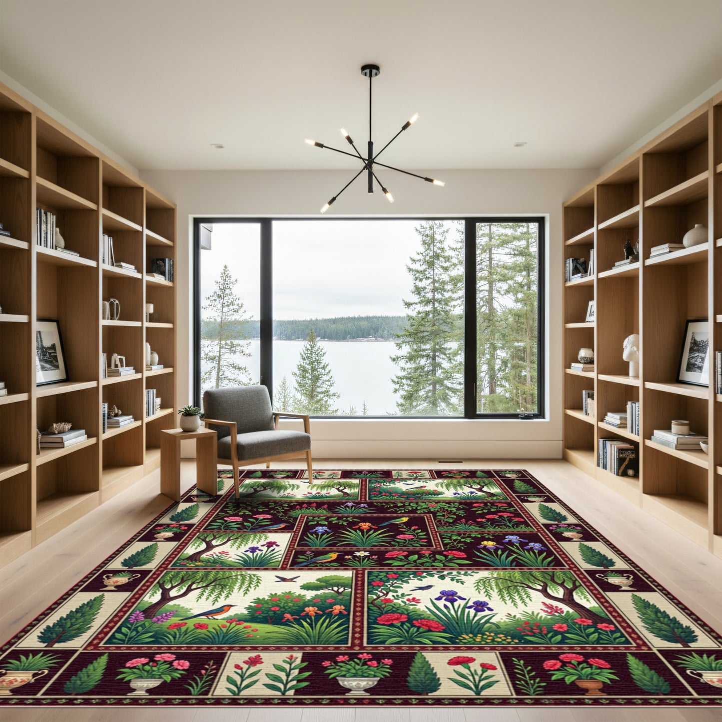 Dark Botanical Narrative Garden Quilt Rug