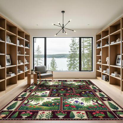 Dark Botanical Narrative Garden Quilt Rug