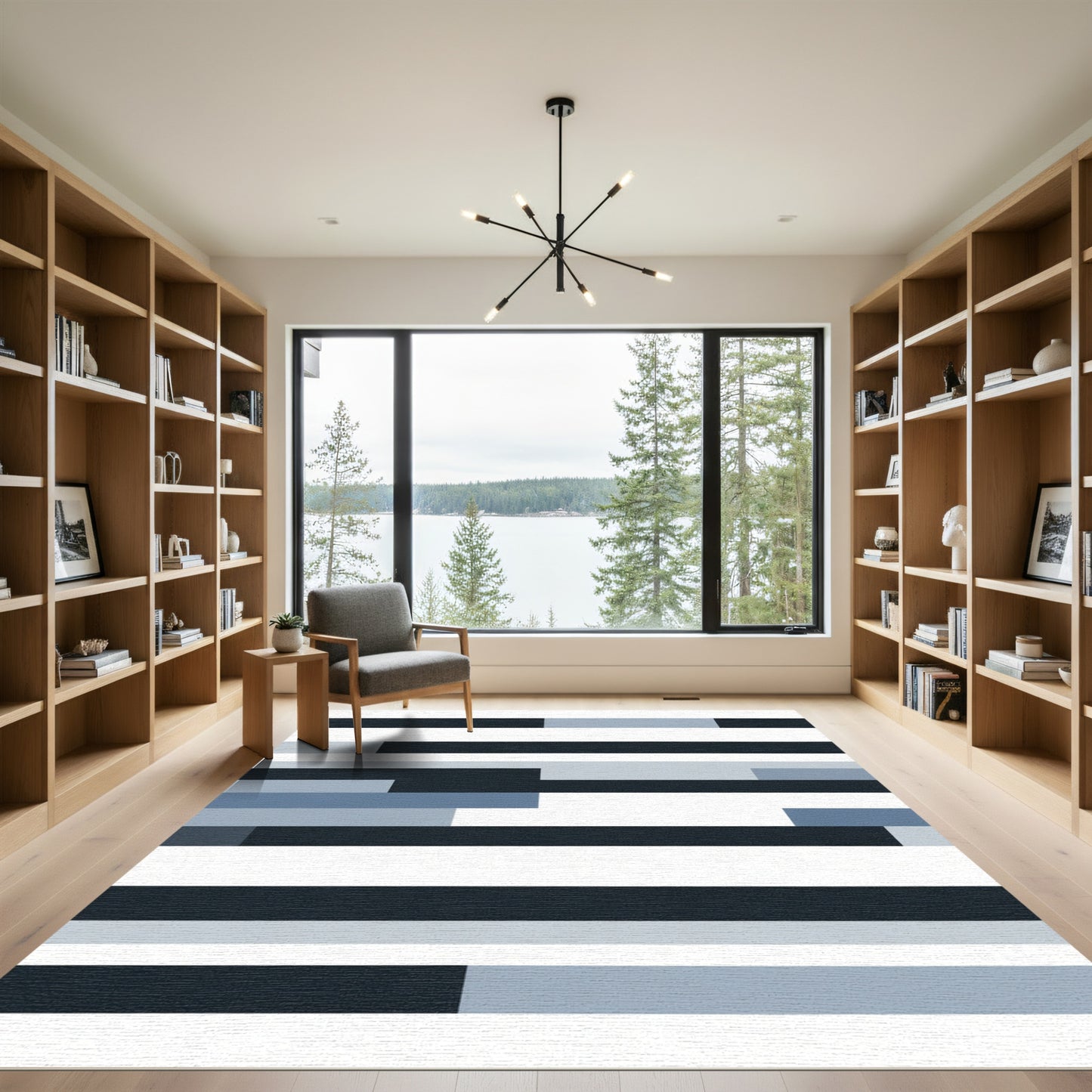 Midnight Blue Slate Gray Horizontal Stripes Rug