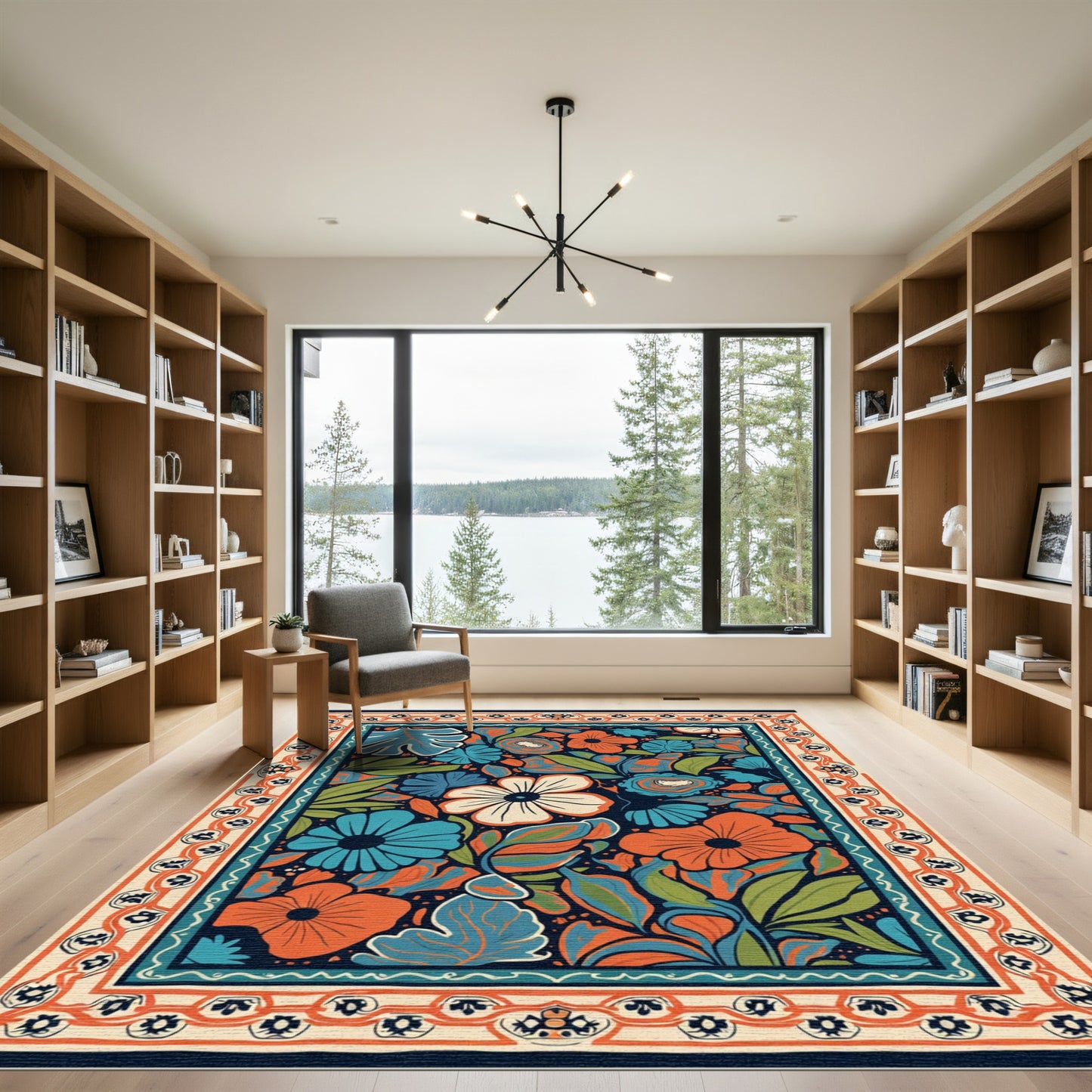 Bold Orange Blue Floral Garden Border Rug