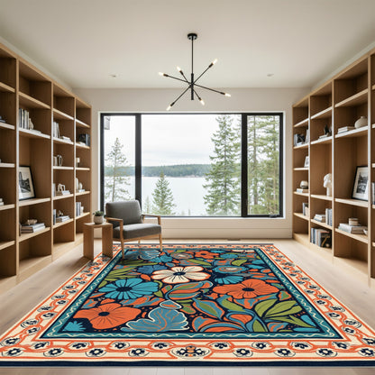 Bold Orange Blue Floral Garden Border Rug