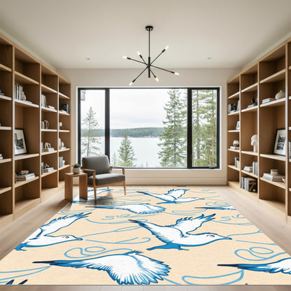 Blue White Seagull Swoop Swirl Rug