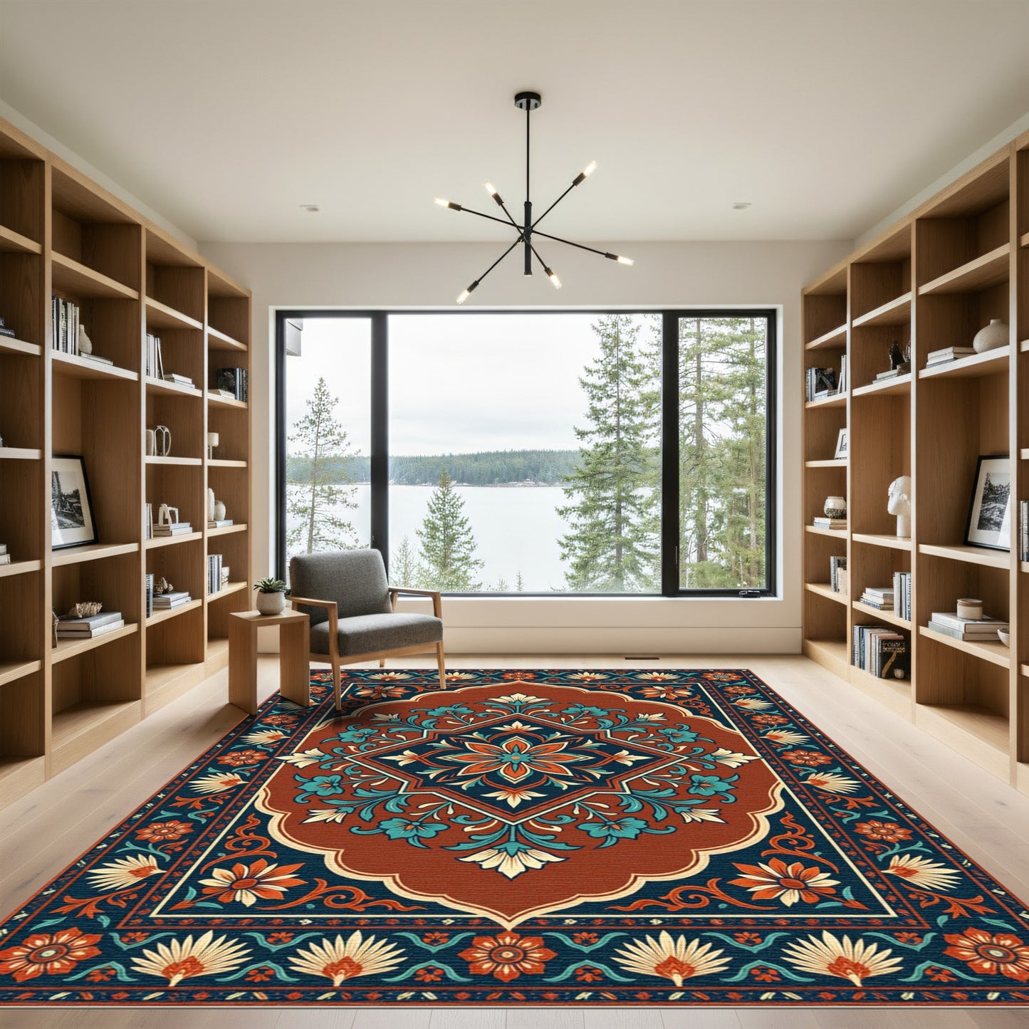Terracotta Teal Floral Medallion Square Rug