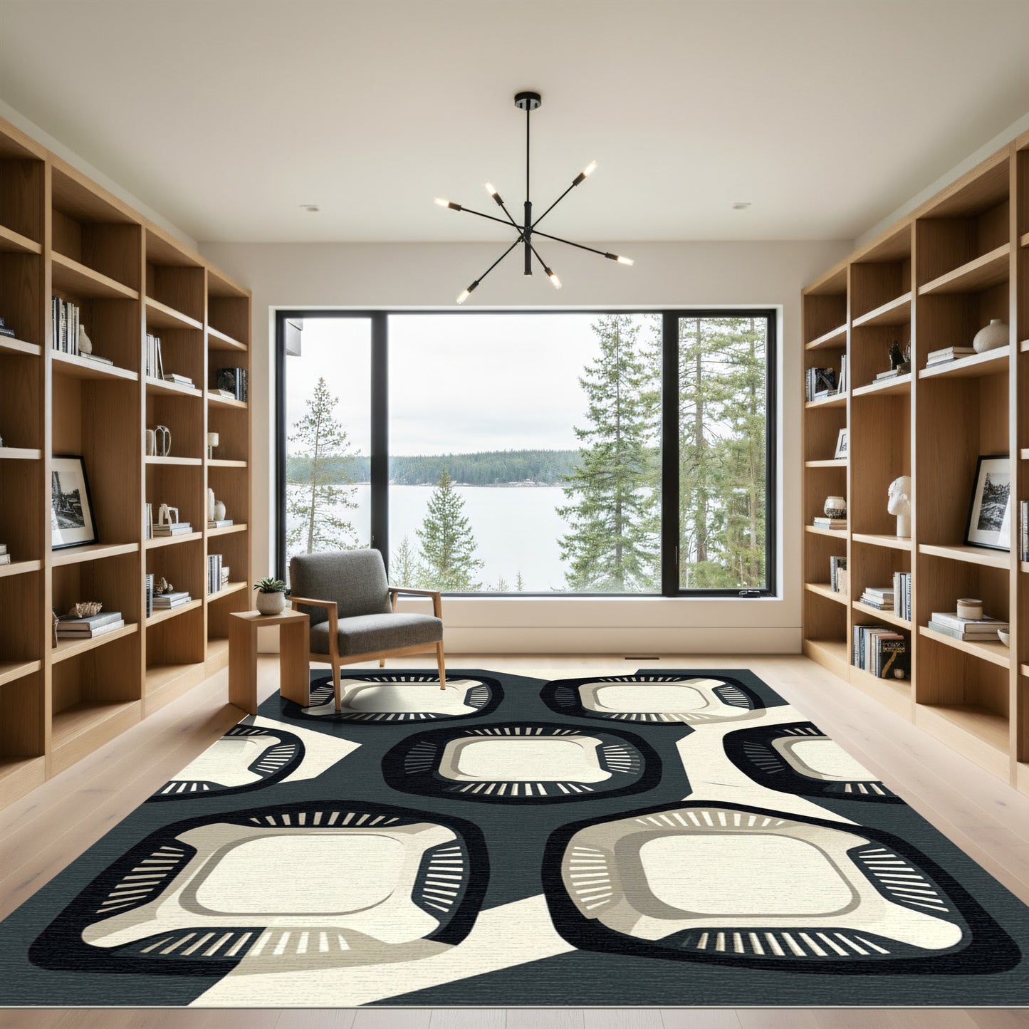 Modern Monochrome Abstract Geometric Square Art Rug