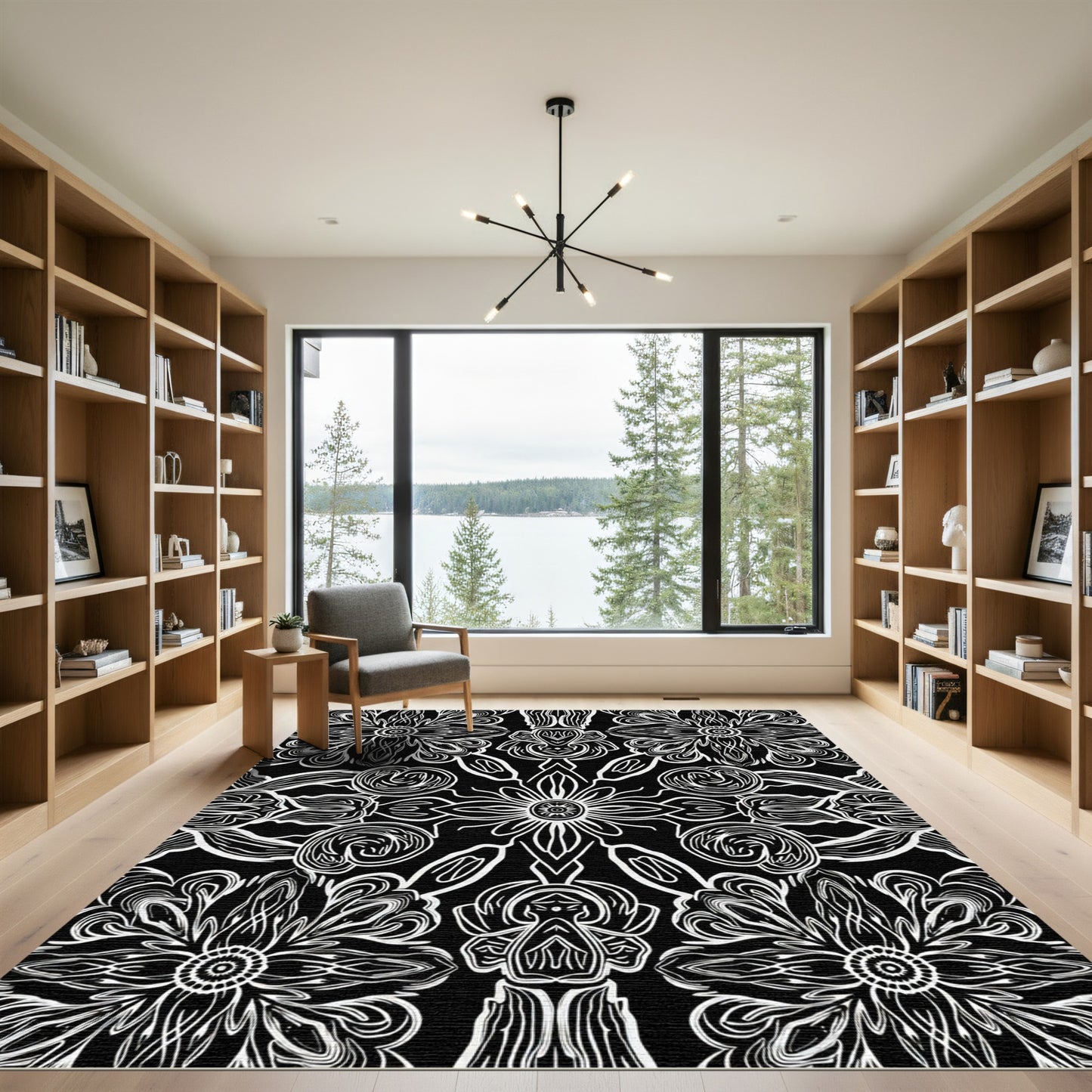 Black White Intricate Floral Mandala Rug