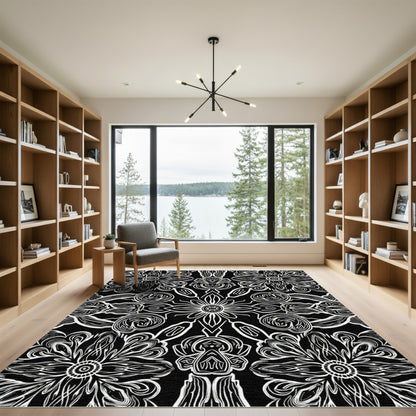 Black White Intricate Floral Mandala Rug