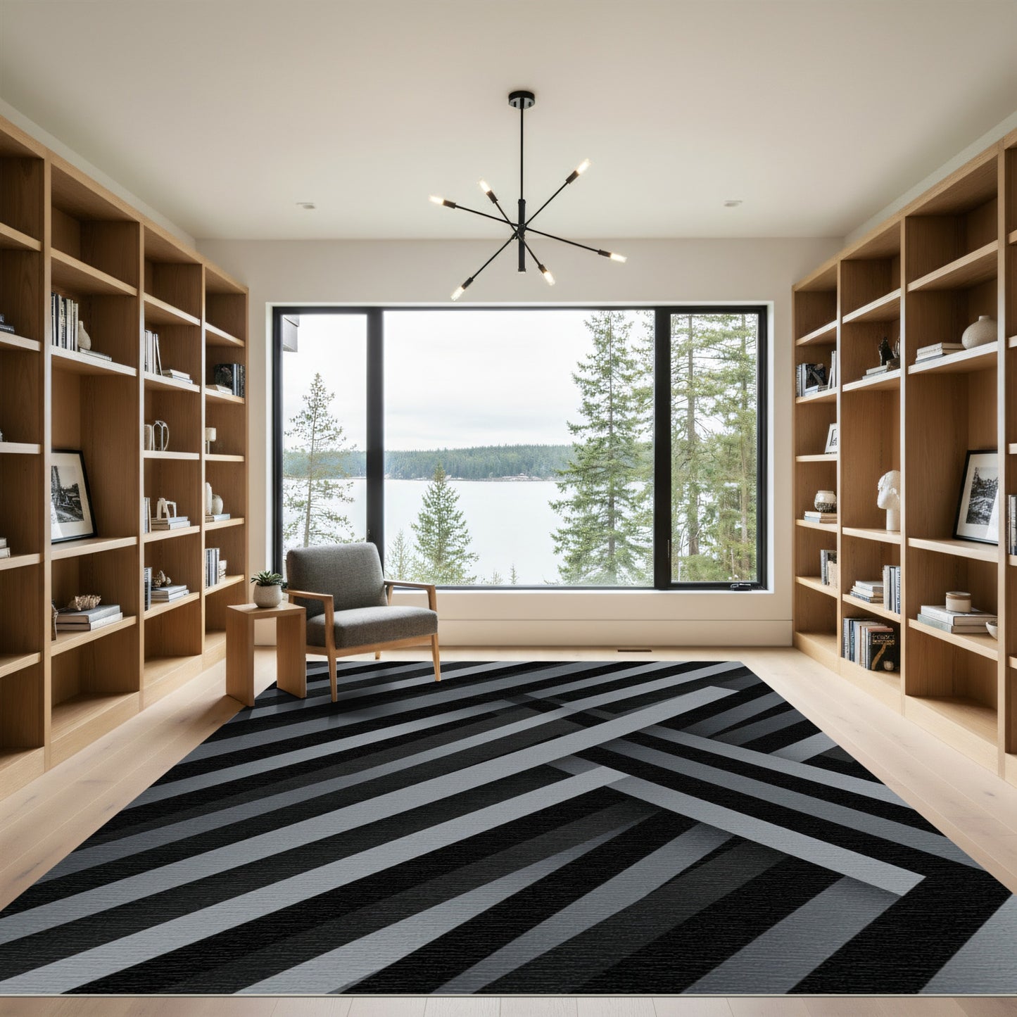 Monochrome Gray Diagonal Stripe Intersect Rug