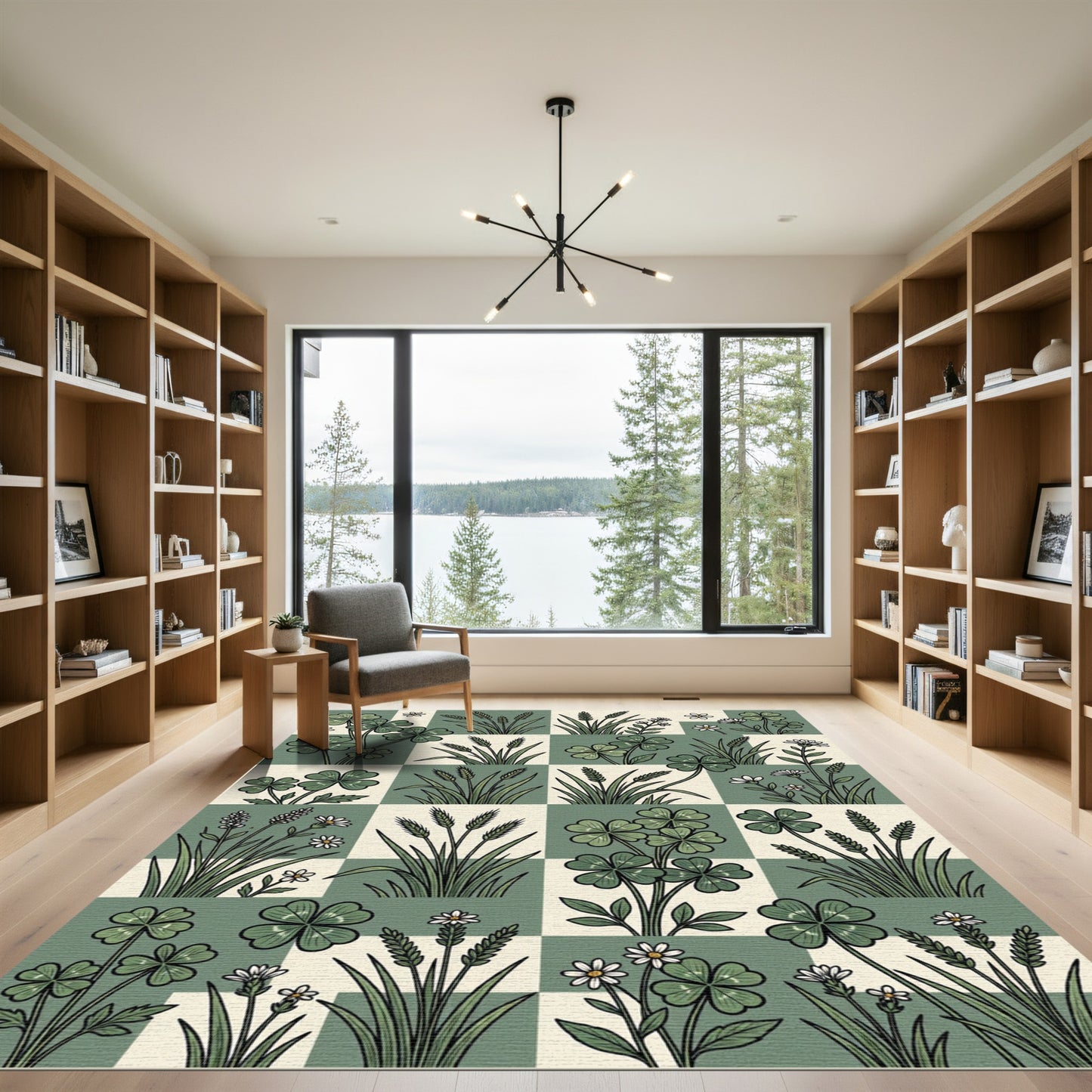 Sage Green Botanical Clover Checkered Art Rug