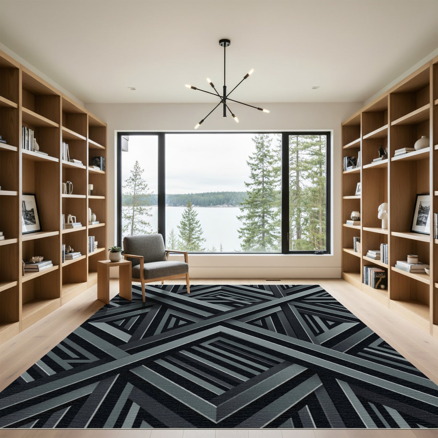 Dark Gray Interlocking Geometric Bands Rug