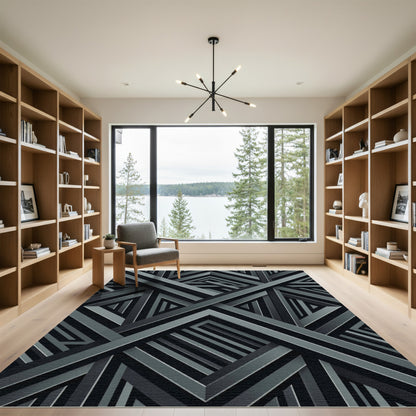 Dark Gray Interlocking Geometric Bands Rug