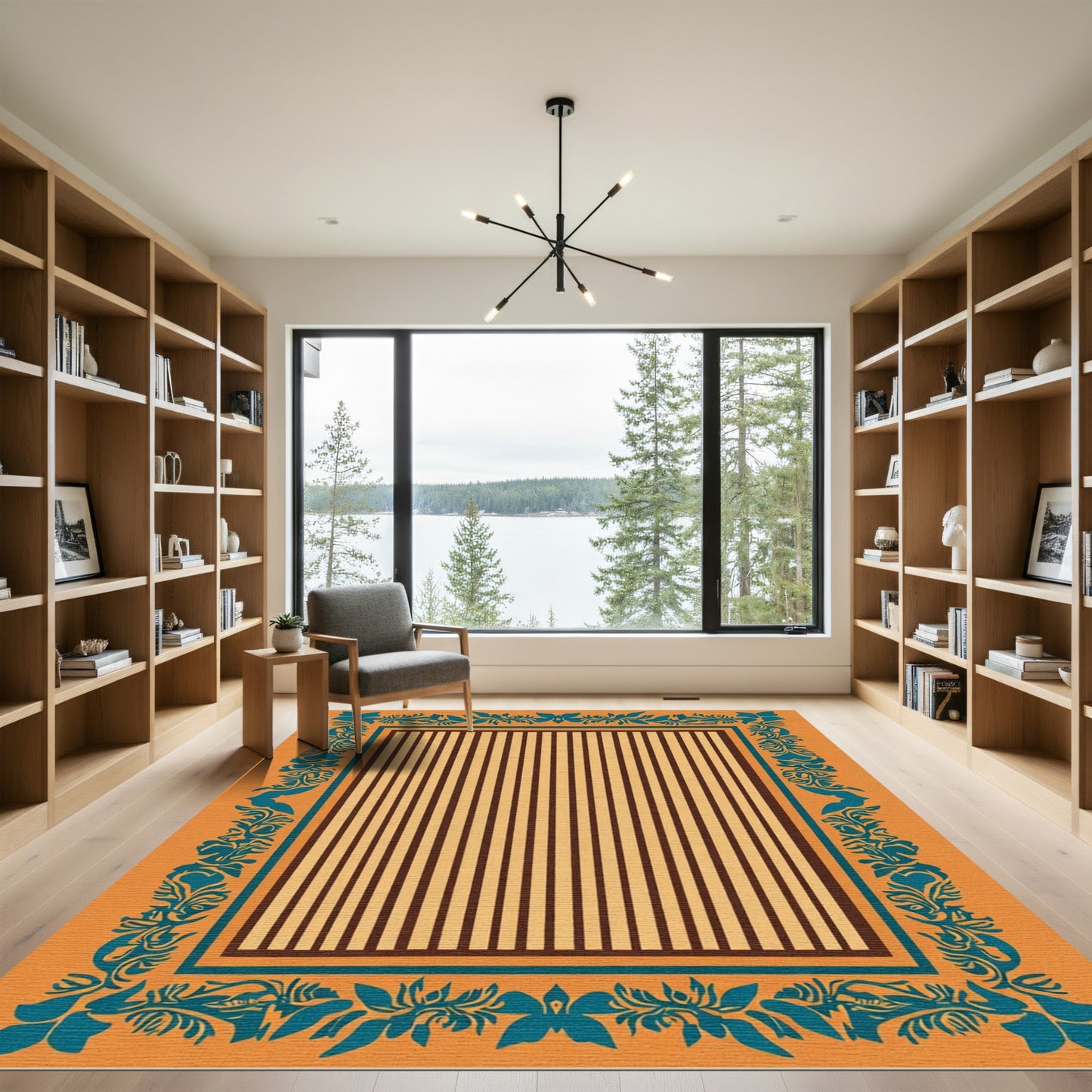 Teal Floral Bordered Stripe Rug