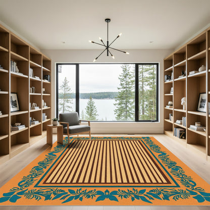 Teal Floral Bordered Stripe Rug