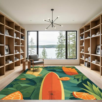 Tropical Surfboard Orange Citrus Greenery Rug