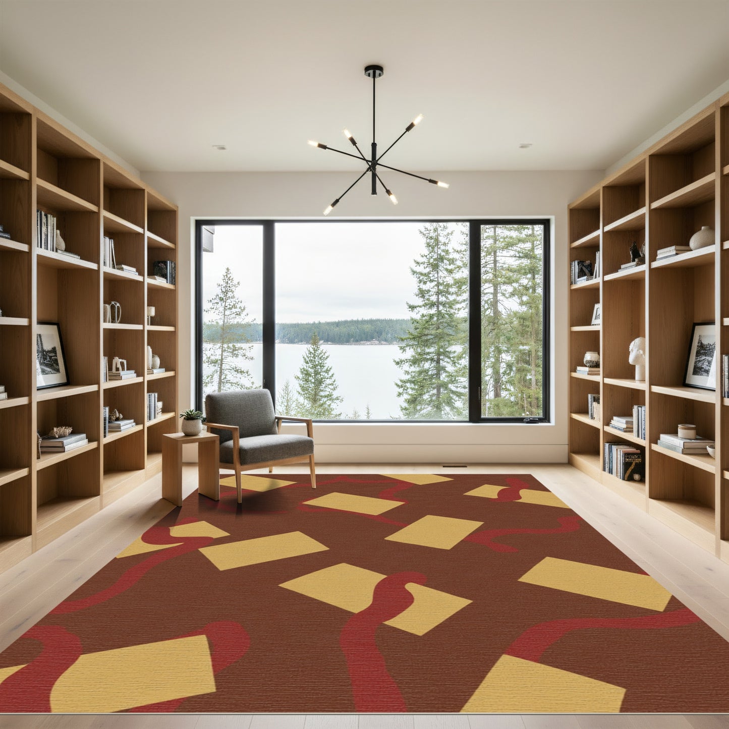 Gold Tan Rectangles Red Swirl Rug