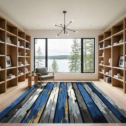 Distressed Navy and Cream Striped Planking Rug
