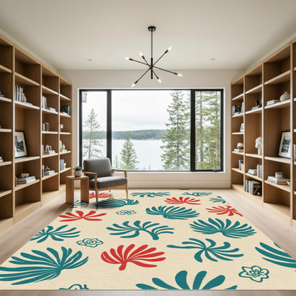 Red Teal Leaf Scatter Rug