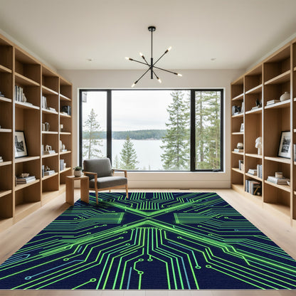 Neon Green Cyber Circuit Grid Rug