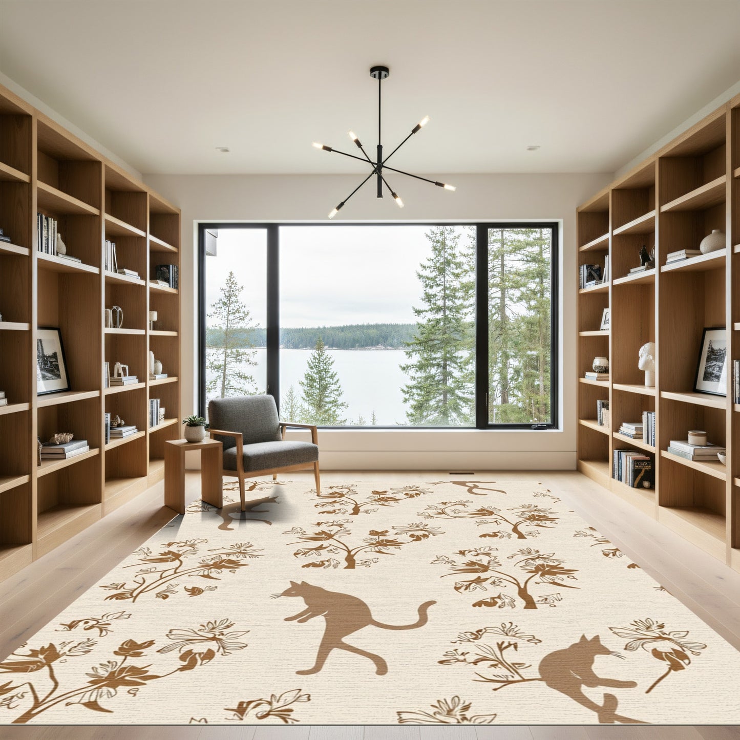 Brown Cats And Whimsical Floral Branches Rug