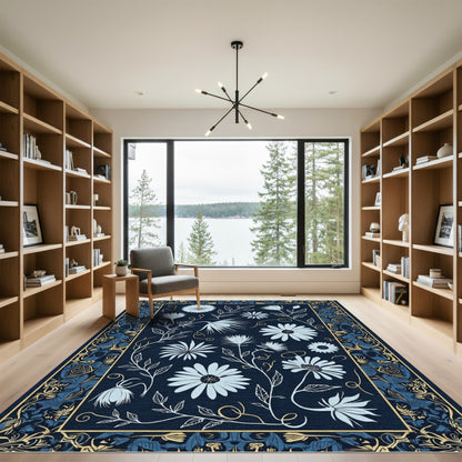 Midnight Blue Floral Garden Arrangement Rug