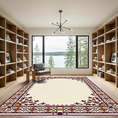 Deep Crimson Floral Border Frame Rug