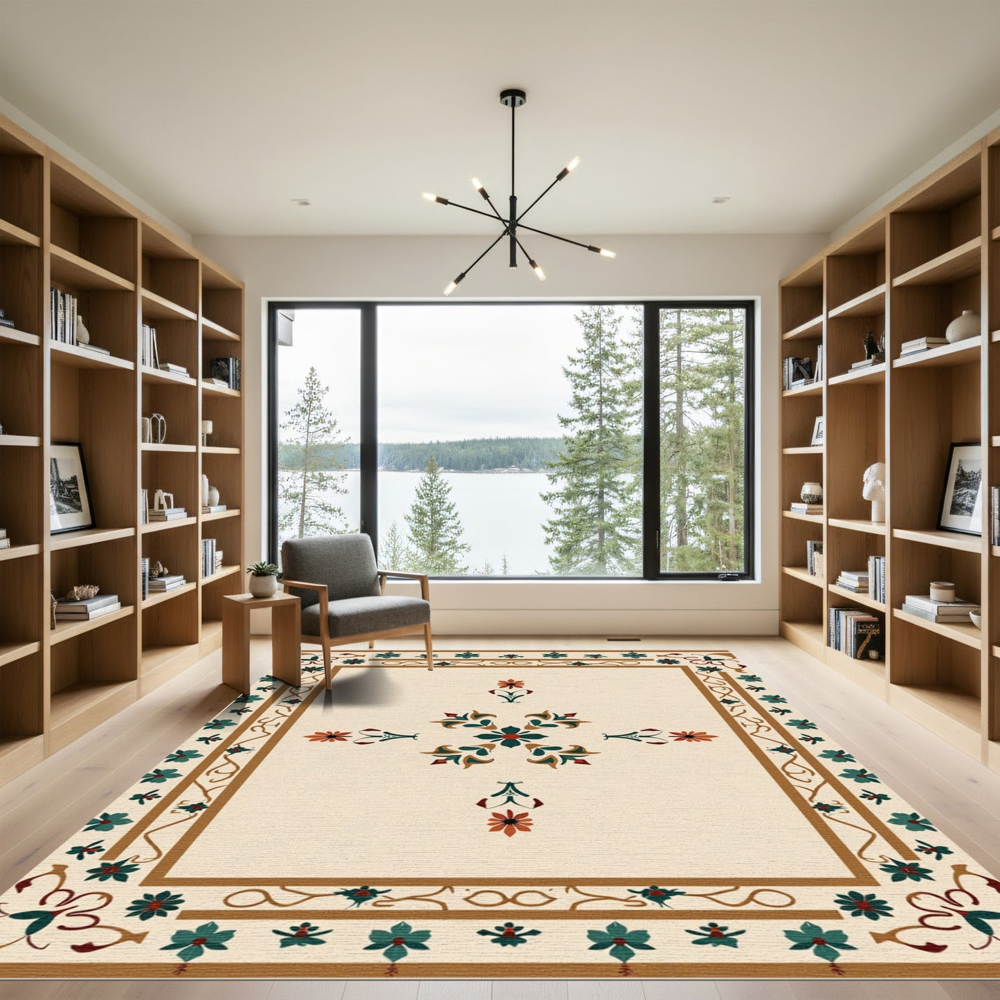 Teal Orange Floral Medallion Beige Rug