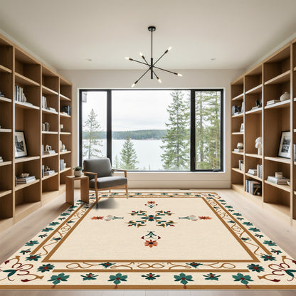 Teal Orange Floral Medallion Beige Rug