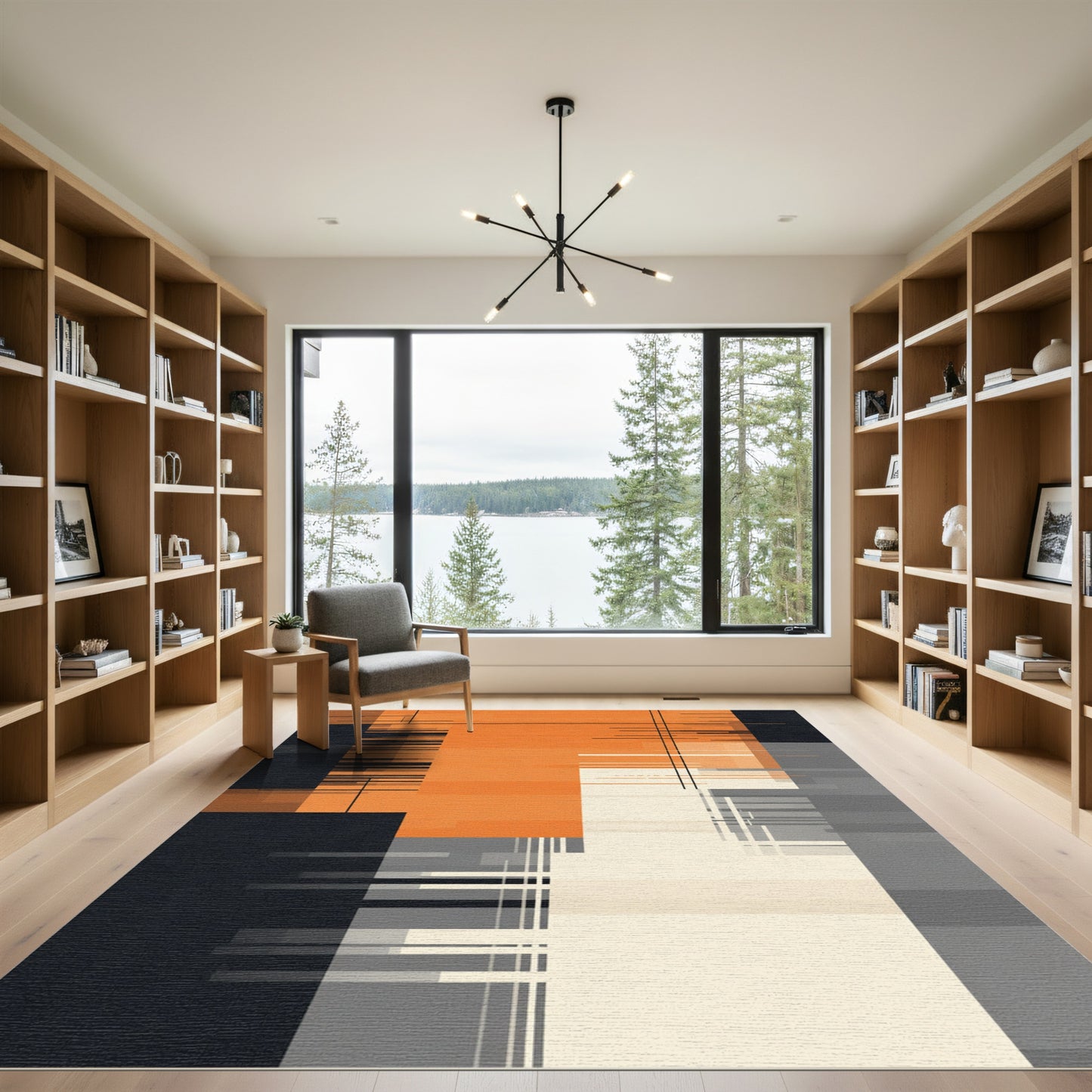 Modern Orange Abstract Geometric Lines Rug