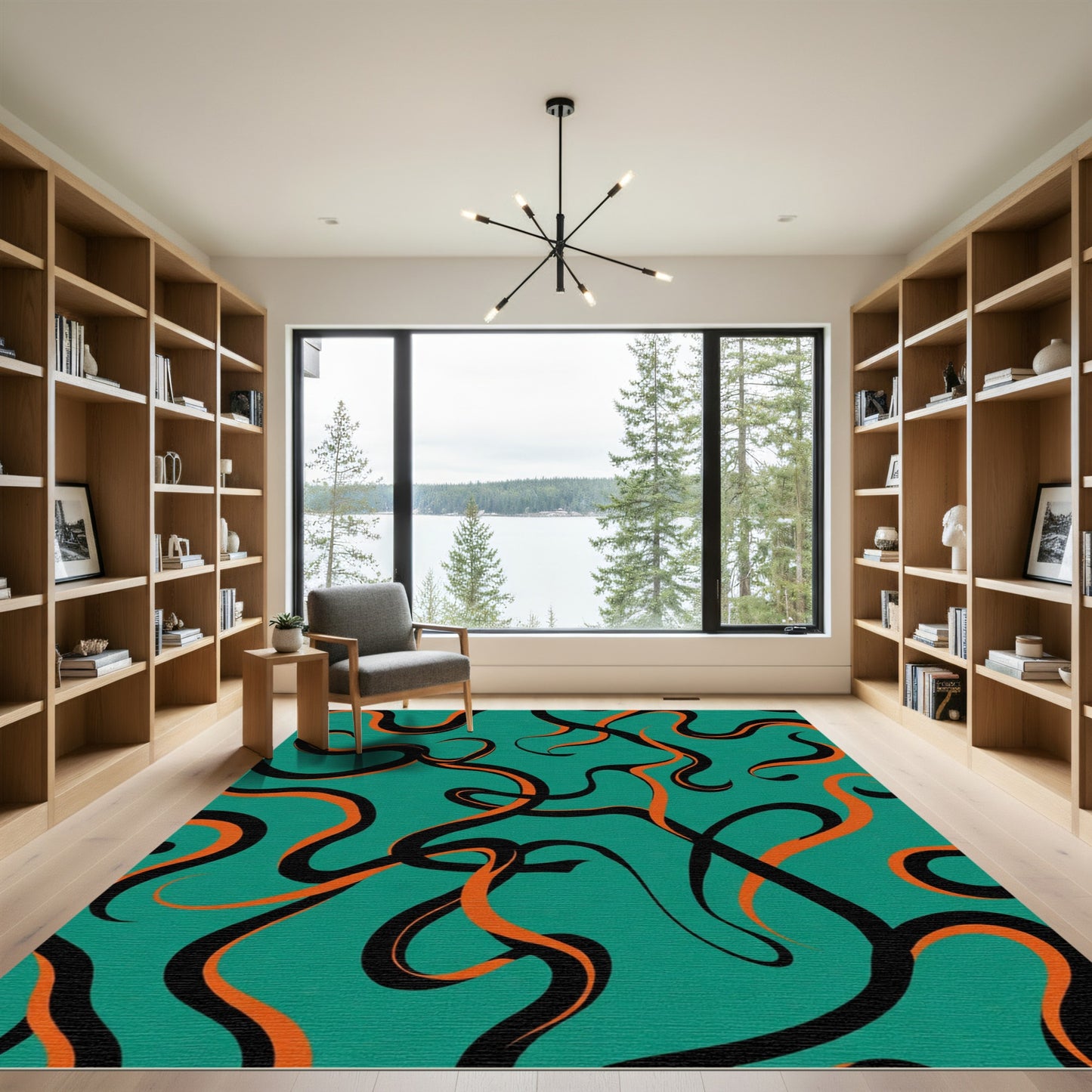 Teal Orange Black Swirling Lines Rug