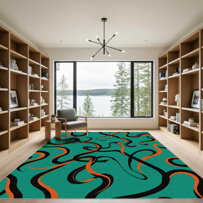 Teal Orange Black Swirling Lines Rug
