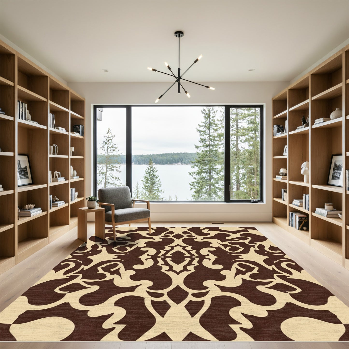 Elegant Brown and Cream Scrollwork Rug