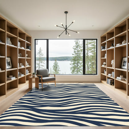 Navy Cream Contemporary Wavy Stripes Rug