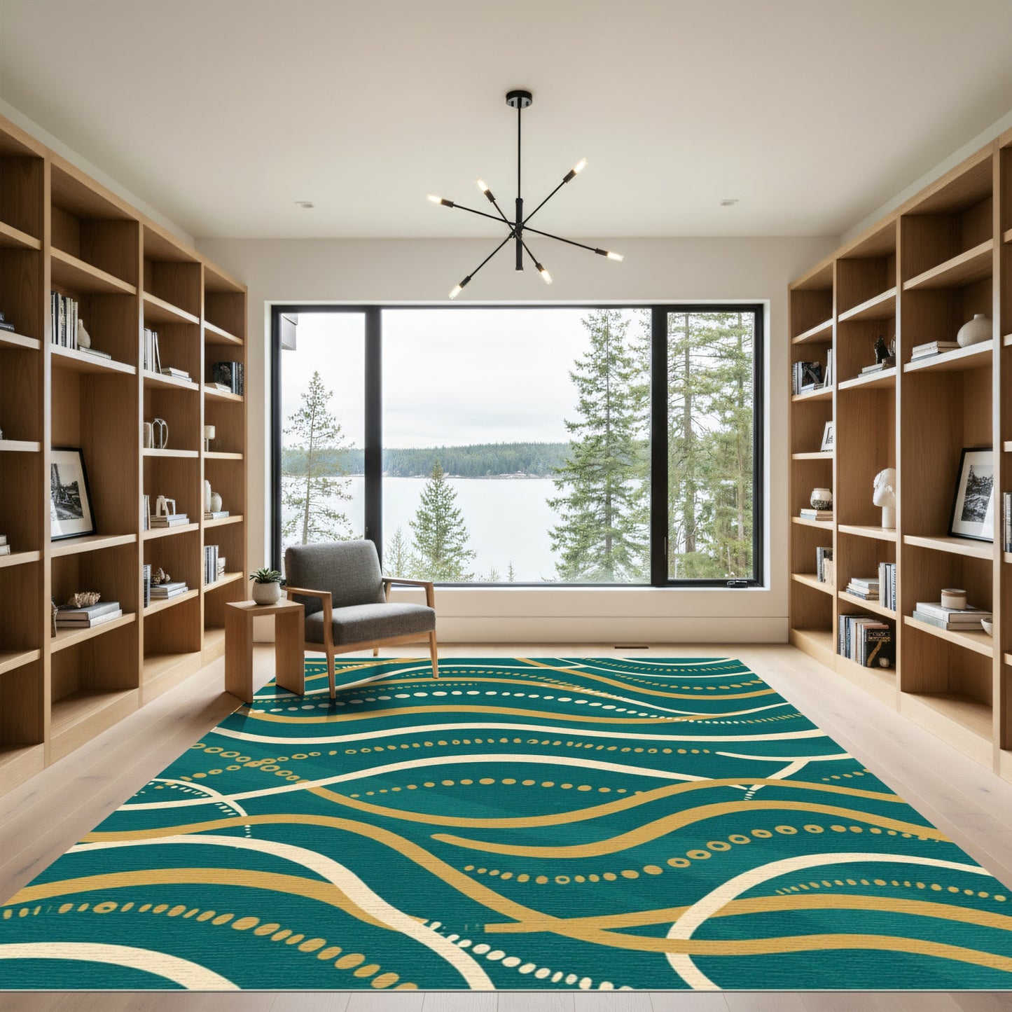 Teal Gold Flowing Line Dot Rug