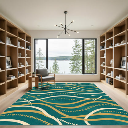 Teal Gold Flowing Line Dot Rug