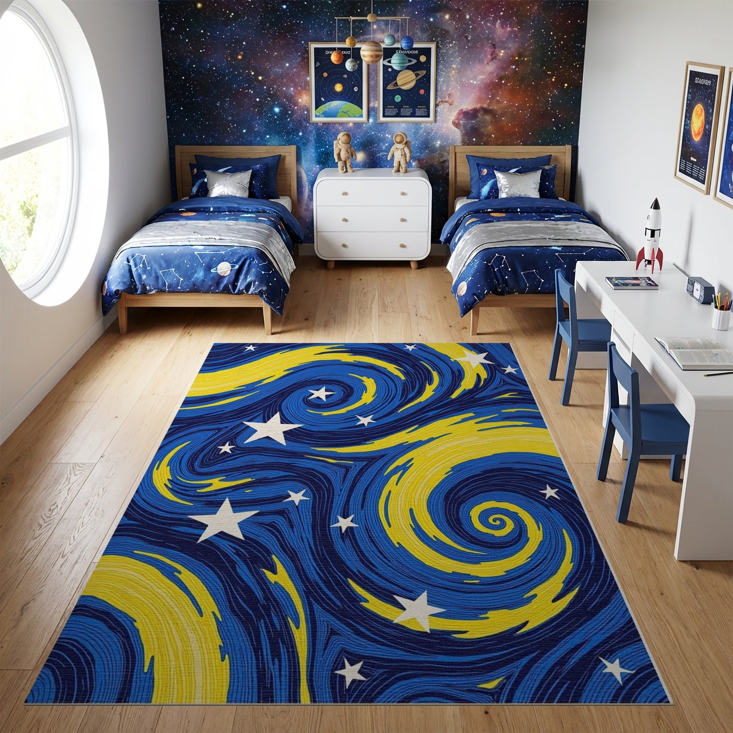 Navy Yellow Swirling Stars Rug