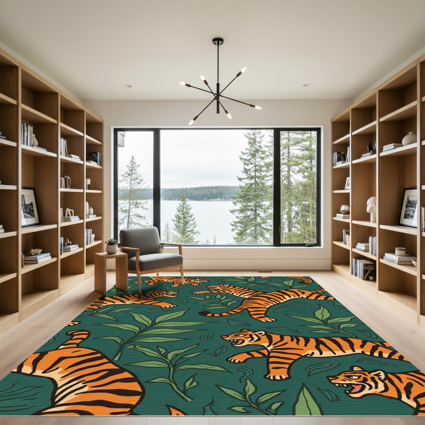 Orange Tigers Green Foliage Jungle Rug