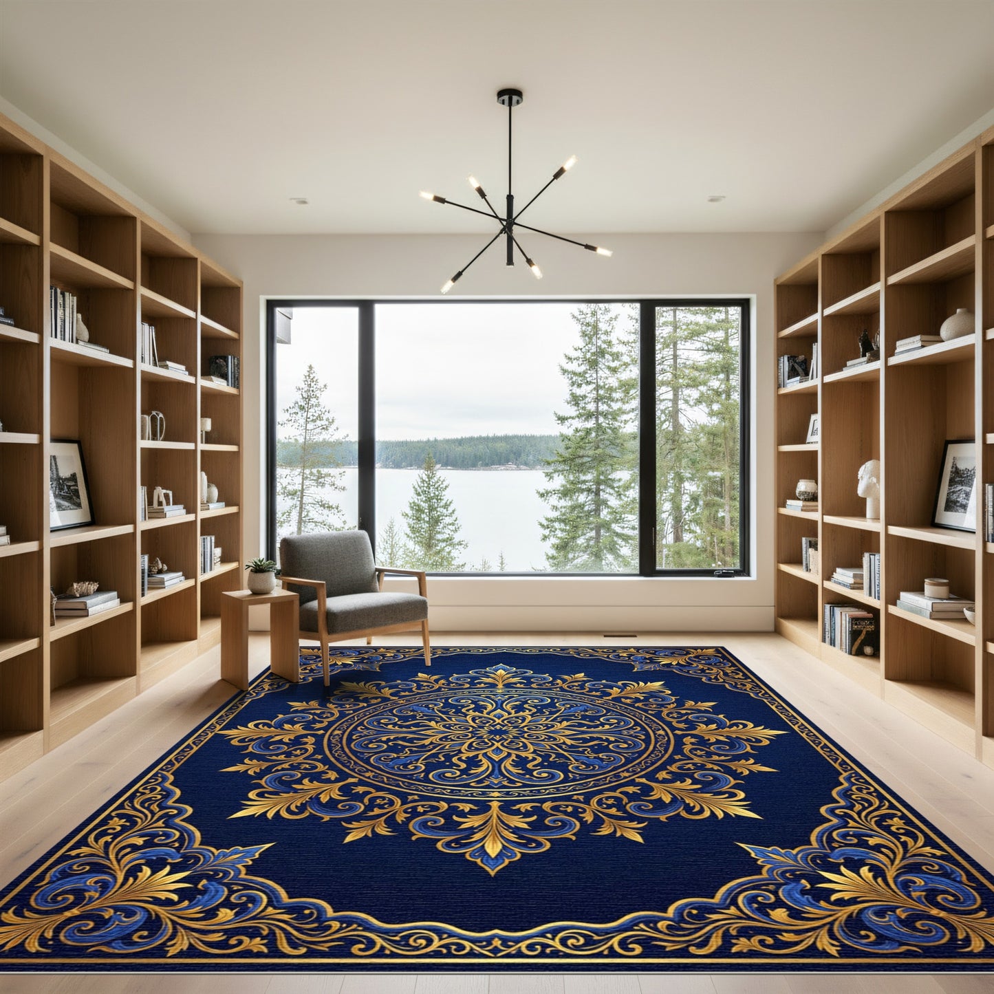 Deep Blue Golden Ornate Medallion Rug