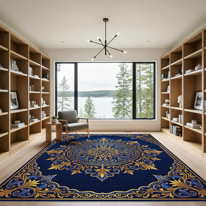 Deep Blue Golden Ornate Medallion Rug