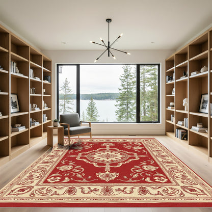 Crimson Ivory Floral Medallion Border Rug