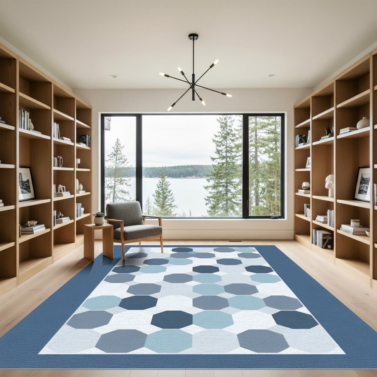 Cool Blue Octagon Grid Rug