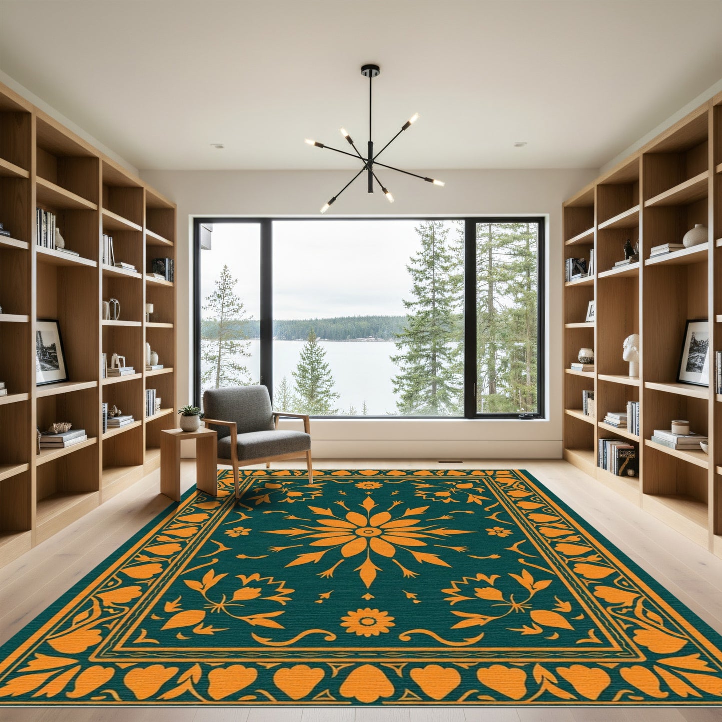 Deep Teal Orange Floral Medallion Rug
