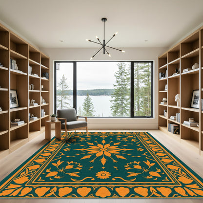 Deep Teal Orange Floral Medallion Rug