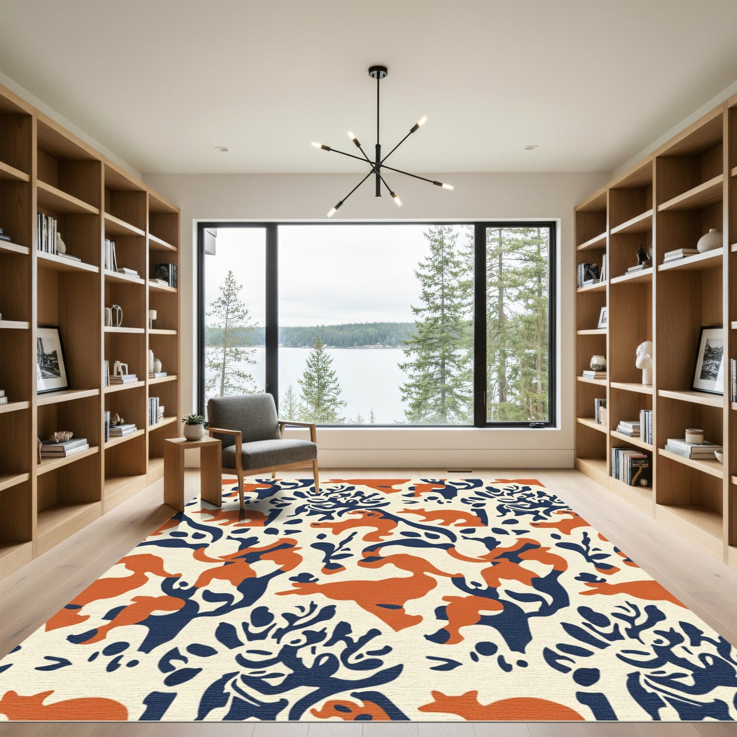 Orange Navy Whimsical Fauna Composition Rug