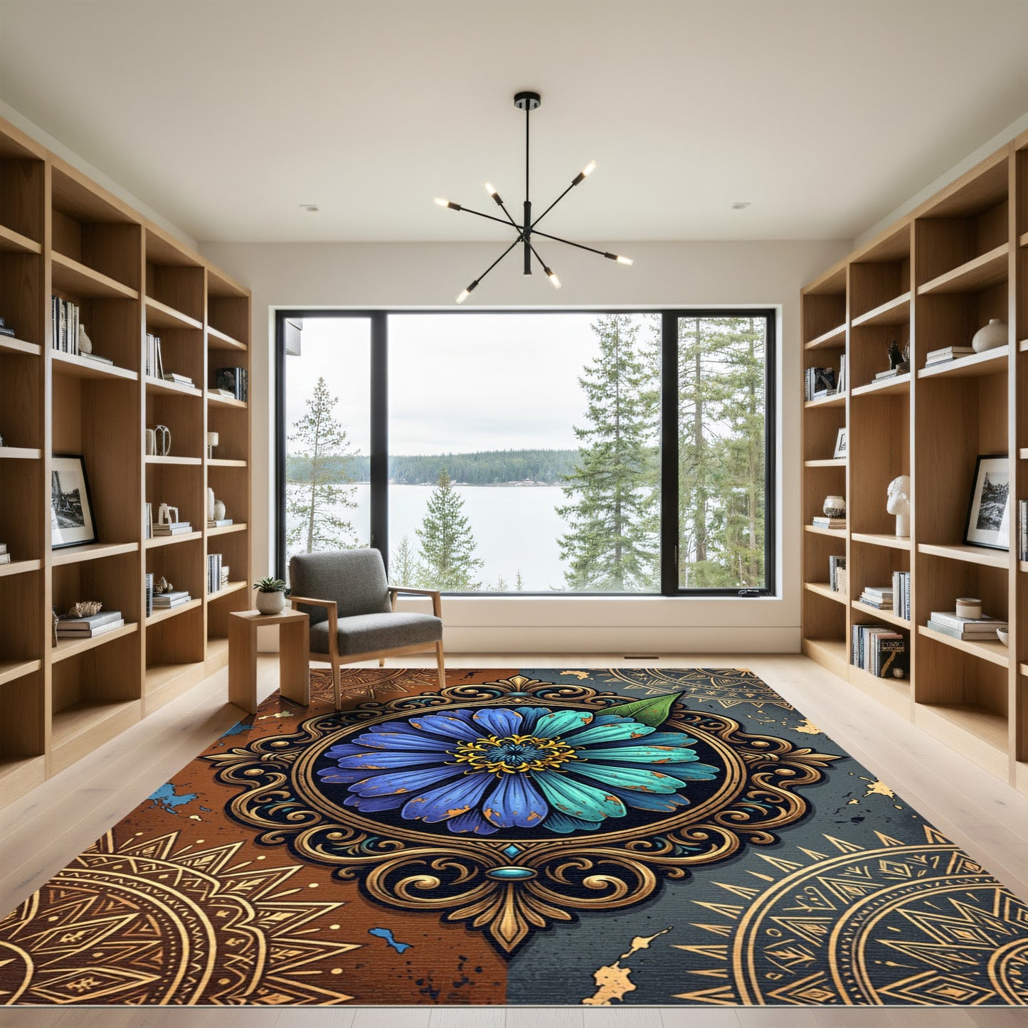 Blue Zinnia Floral Ornate Filigree Rug