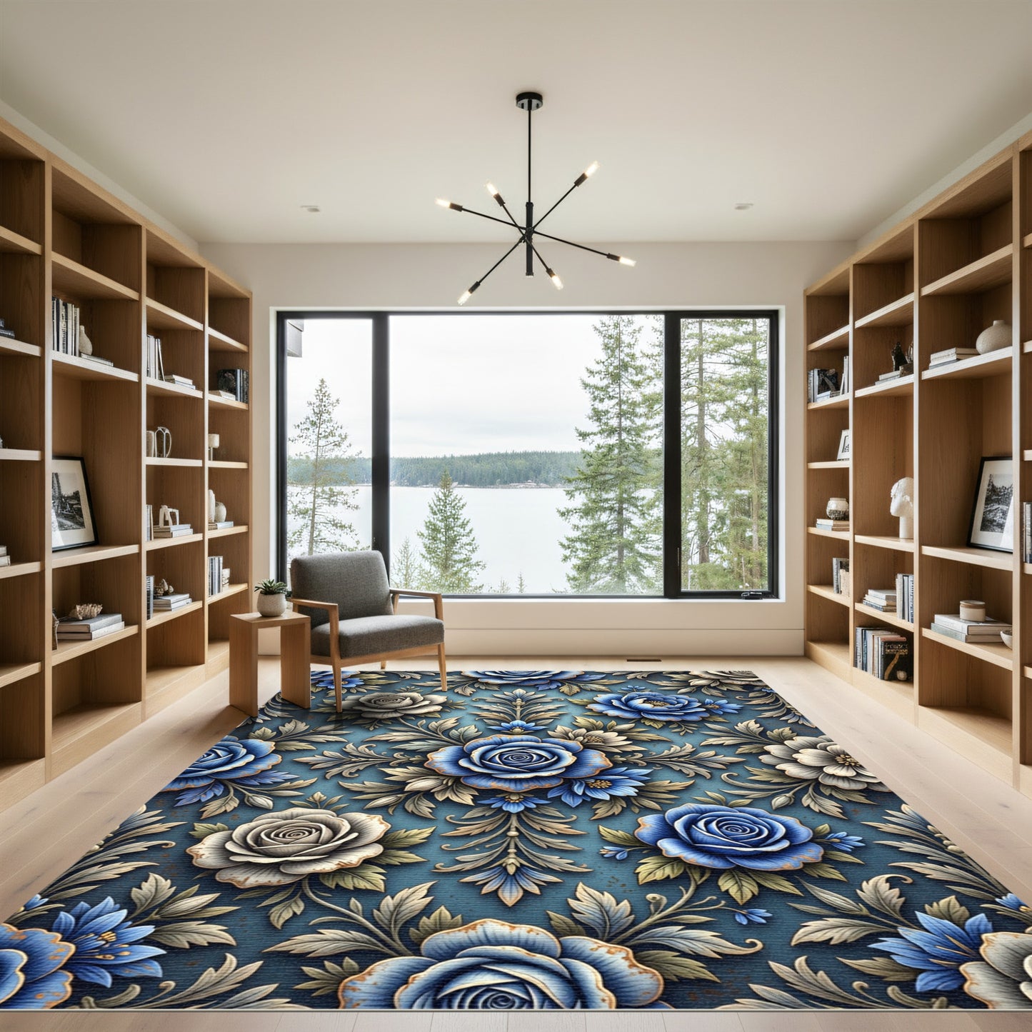 Elegant Blue Rose Damask Floral Rug