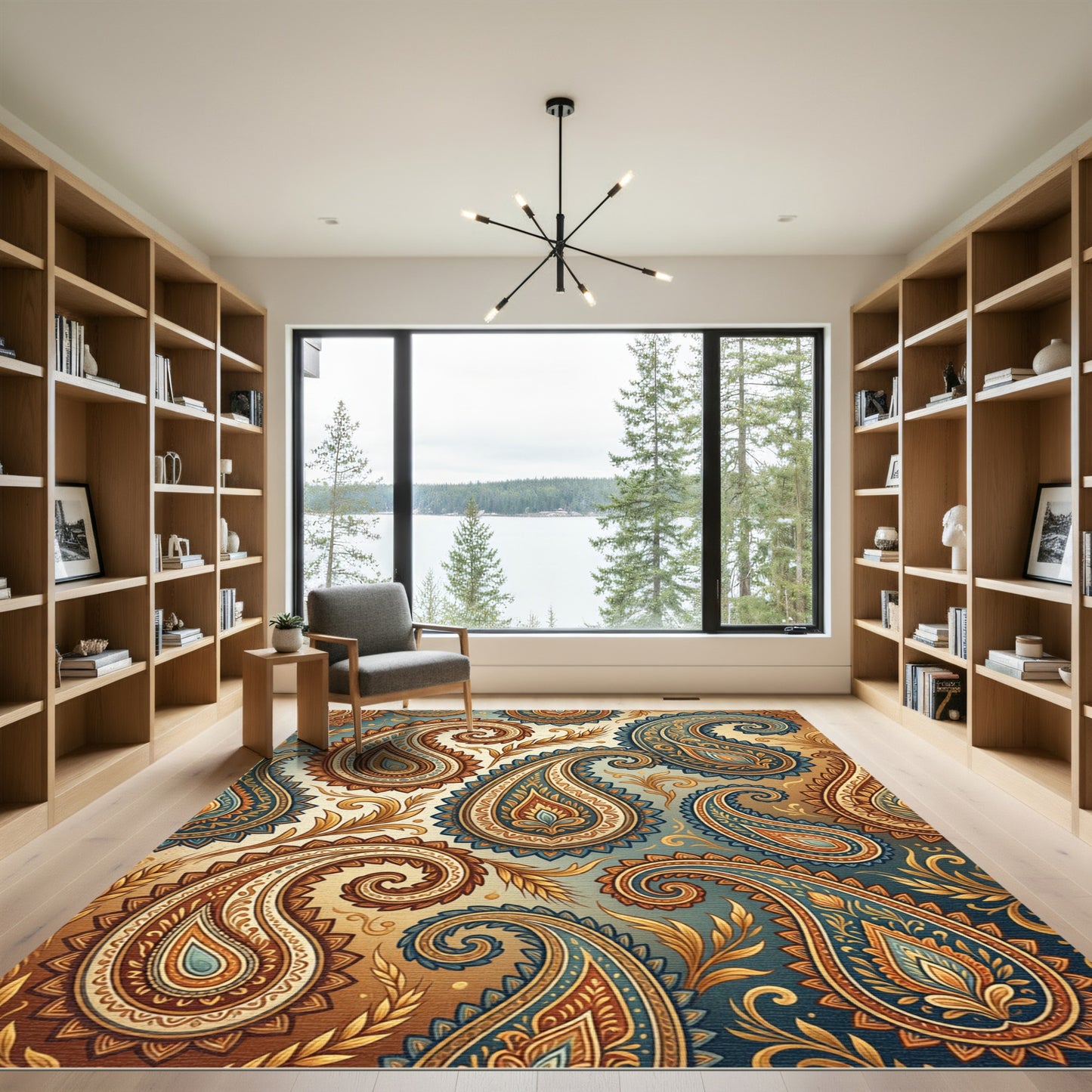 Earthy Blue and Gold Paisley Swirls Rug