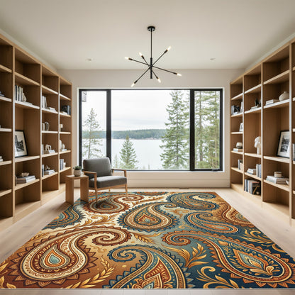 Earthy Blue and Gold Paisley Swirls Rug