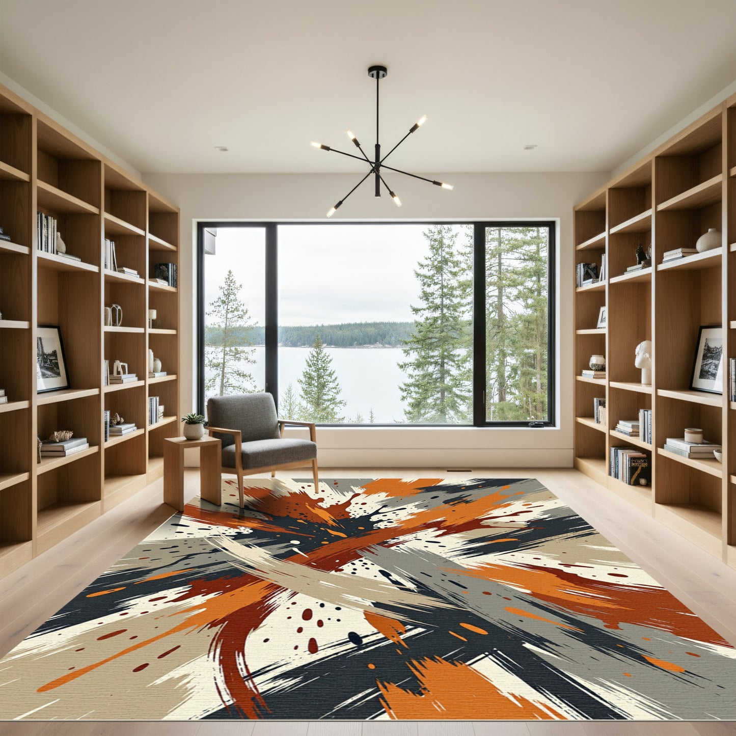 Abstract Earthy Orange and Charcoal Brushstroke Rug