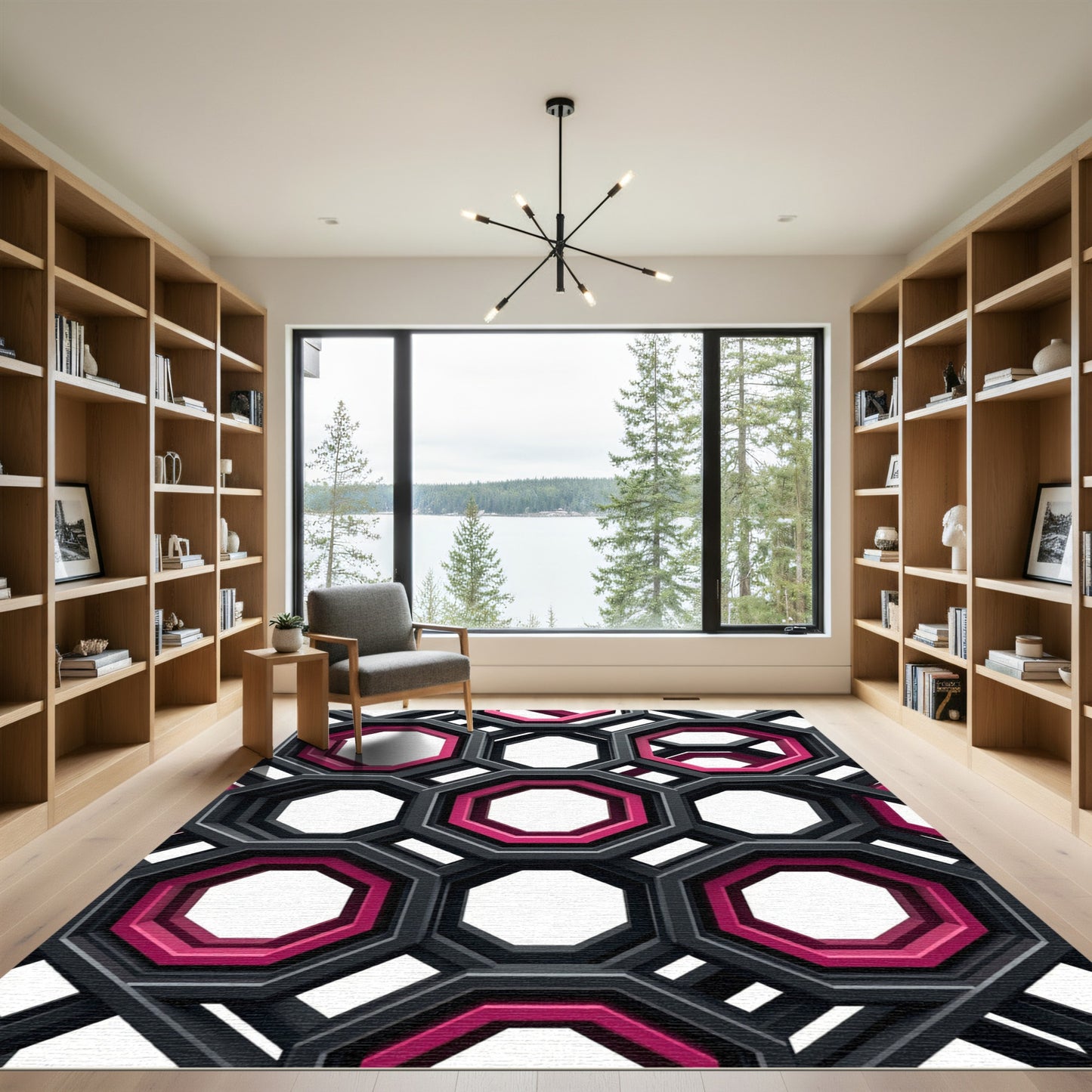Modern Black Pink Octagonal Geometric Rug
