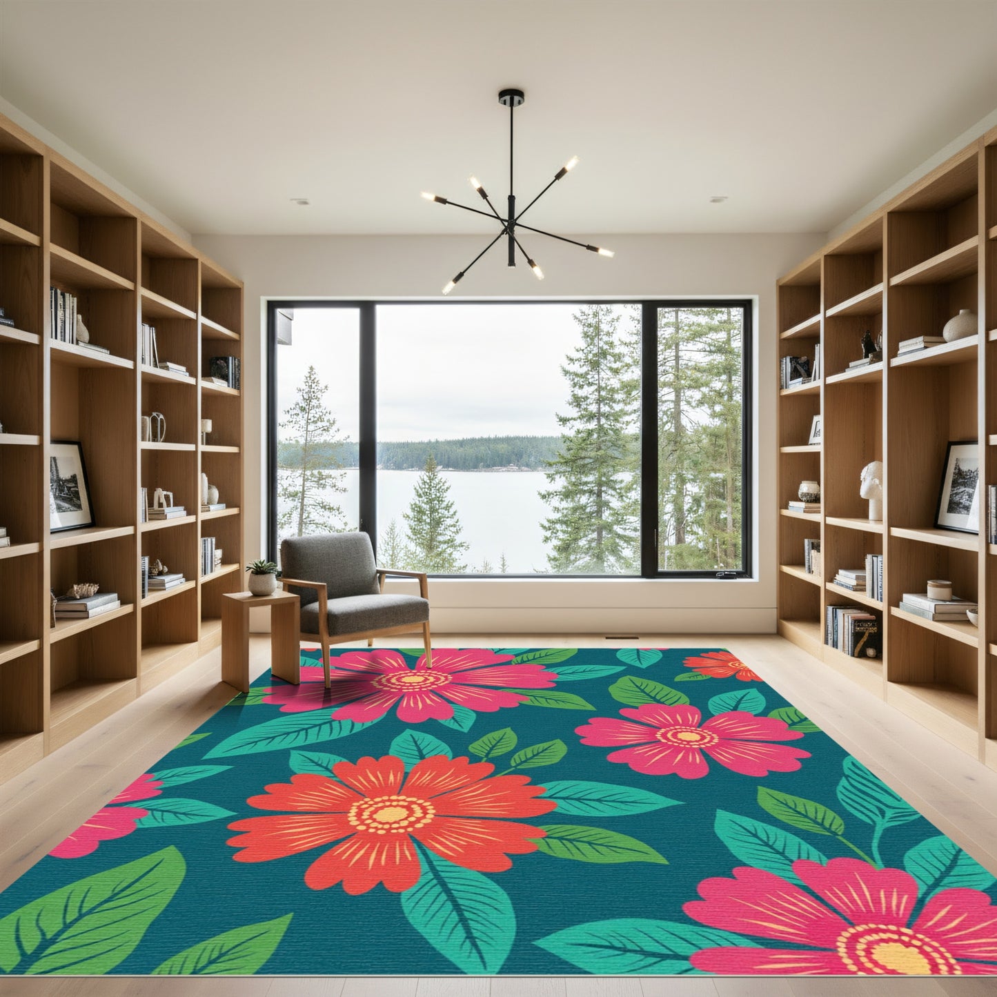 Bold Crimson Floral Teal Garden Rug