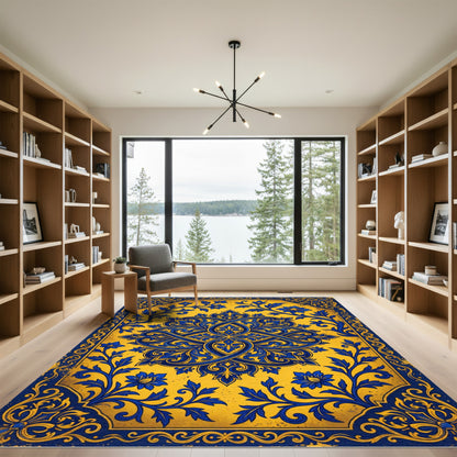 Regal Blue Floral Swirl medallion Rug
